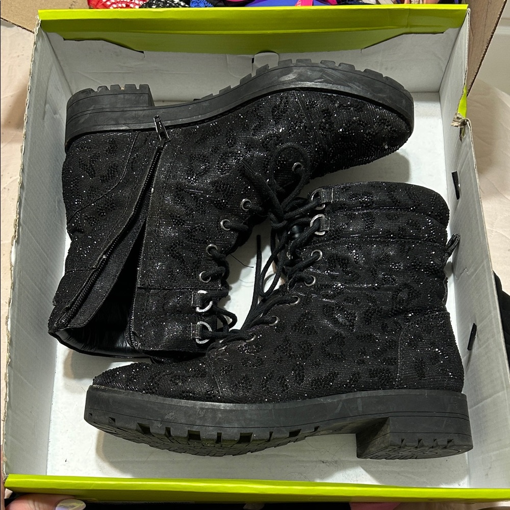 Gianni Bini Black Glitter Combat Boots